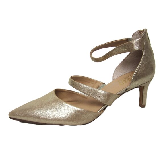 Franco Sarto Size 8.5M Soft Gold Suede Leather Heels Back Zip Ankle Strap - Picture 2 of 12
